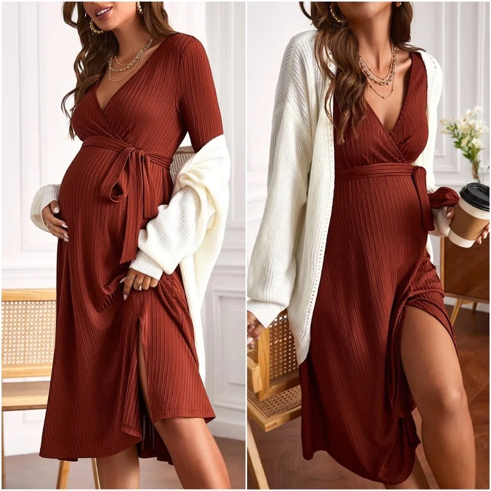 Maternity Rust Ribbed Long Sleeve Minimalist Dress - Picture 1 of 6